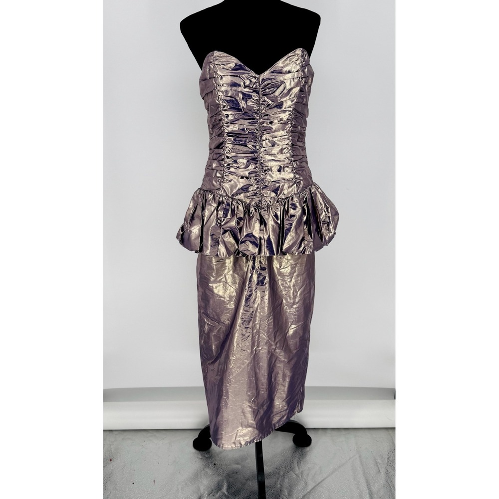 Vtg 80s Gunne Sax Jessica McClintock Metallic Peplum Dress Strapless Bow Size S
